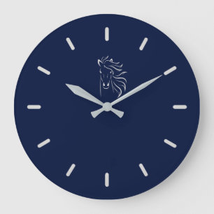 Elegant Silver Grey Horse Silhouette op Navy Blue Grote Klok