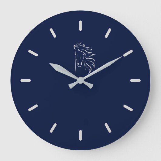 Elegant Silver Grey Horse Silhouette op Navy Blue Grote Klok (Voorkant)