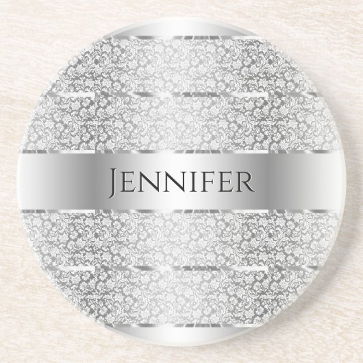 Elegant Silver Grey Stripes Monogram Onderzetter (Voorkant)