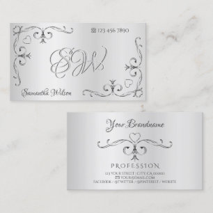 Elegant Silver  Hoekgrenzen met Initialen Visitekaartje
