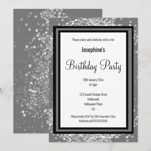 ELEGANT SILVER HOLOGRAPHIC GRAY BLACK BIRTHDAY KAART (Voorkant / Achterkant)