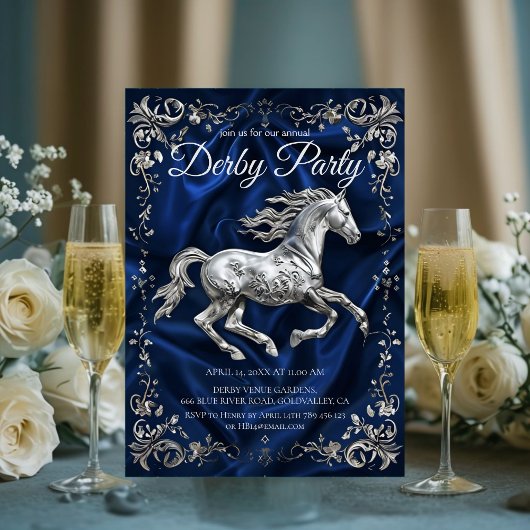 Elegant Silver Horse Derby Party Invitation with N Kaart