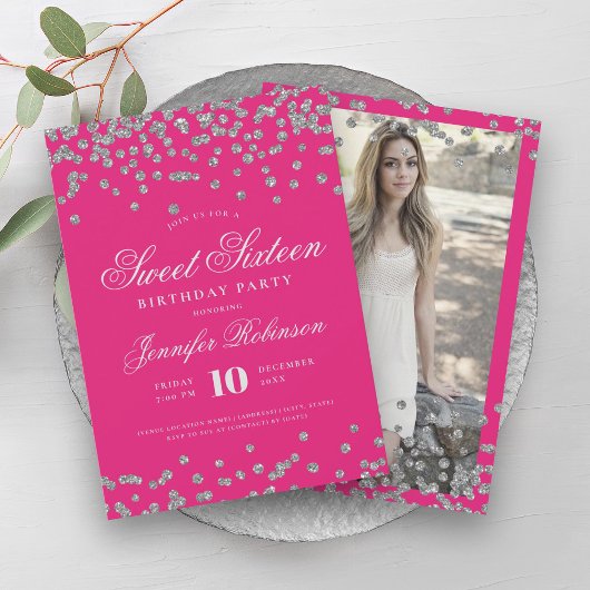 Elegant Silver Hot Roze Confetti Foto Zoet 16 Kaart