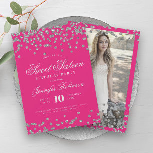 Elegant Silver Hot Roze Confetti Foto Zoet 16 Kaart