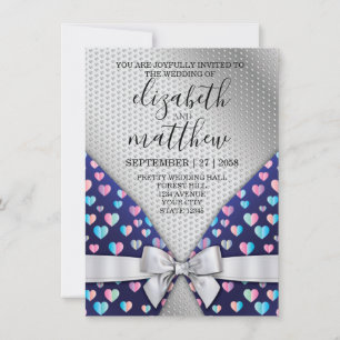 Elegant Silver Invitation Bow and Heart Speckles Kaart
