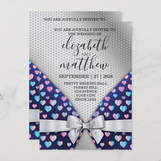 Elegant Silver Invitation Bow and Heart Speckles Kaart (Voorkant / Achterkant)