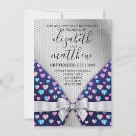 Elegant Silver Invitation Bow and Heart Speckles Kaart
