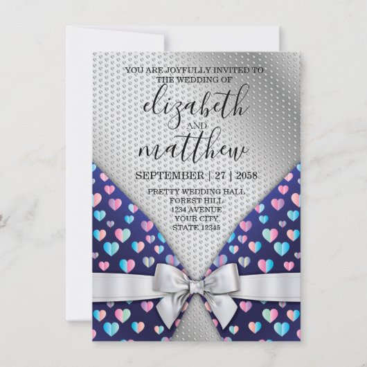 Elegant Silver Invitation Bow and Heart Speckles Kaart (Voorkant)