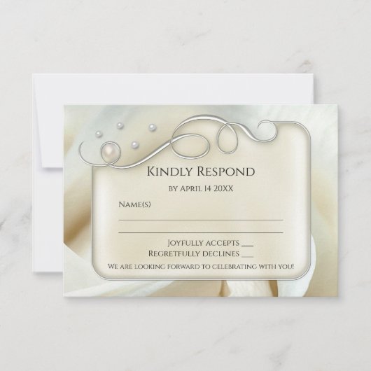 Elegant Silver Ivory Pearl Roos Wedding RSVP Kaart (Voorkant)