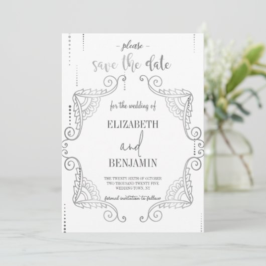 Elegant Silver-klasser minimaliseert de datum Save The Date (Staand voorkant)