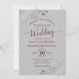 Elegant Silver Lace Burgundy & Gray Formal Wedding Kaart