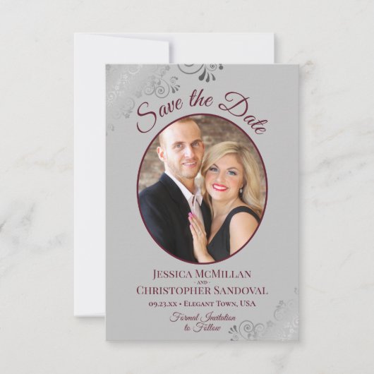 Elegant Silver Lace Burgundy over Grijze foto's br Save The Date (Voorkant)