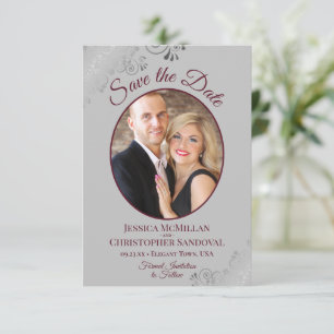 Elegant Silver Lace Burgundy over Grijze foto's br Save The Date