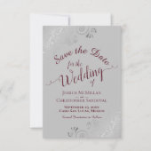 Elegant Silver Lace Burgundy over het grijze huwel Save The Date (Voorkant)