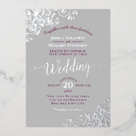 Elegant Silver Lace Cassis Paars op Grijze bruilof Folie Uitnodiging