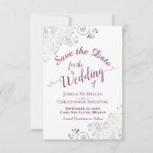 Elegant Silver Lace Cassis Paars op White Wedding Save The Date (Voorkant)