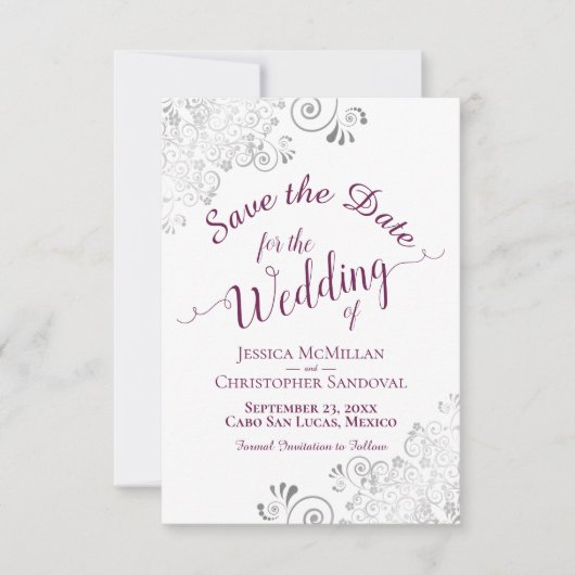 Elegant Silver Lace Cassis Paars op White Wedding Save The Date (Voorkant)