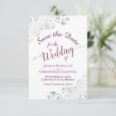Elegant Silver Lace Cassis Paars op White Wedding Save The Date (Staand voorkant)