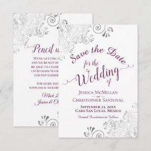 Elegant Silver Lace Cassis Paars op White Wedding Save The Date