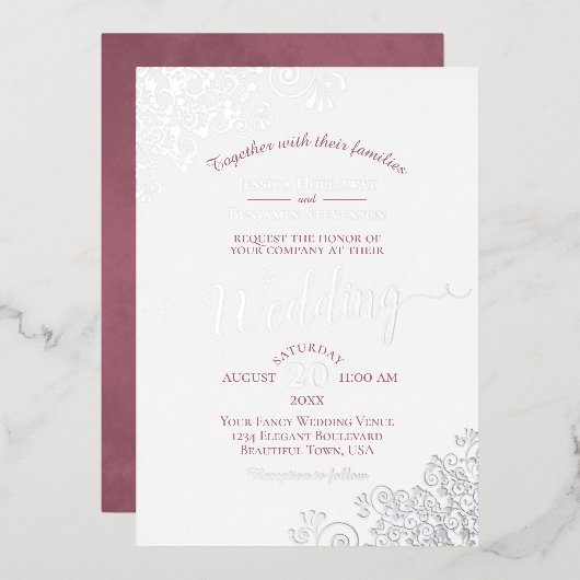 Elegant Silver Lace & Dusty Roos op White Wedding Folie Uitnodiging (Voorkant / Achterkant)