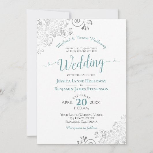 Elegant Silver Lace en Blauwgroen Formal White Wed Kaart (Voorkant)