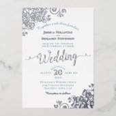 Elegant Silver Lace en Blauwgroen op White Wedding Folie Uitnodiging (Voorkant)