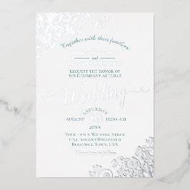 Elegant Silver Lace en Blauwgroen op White Wedding Folie Uitnodiging