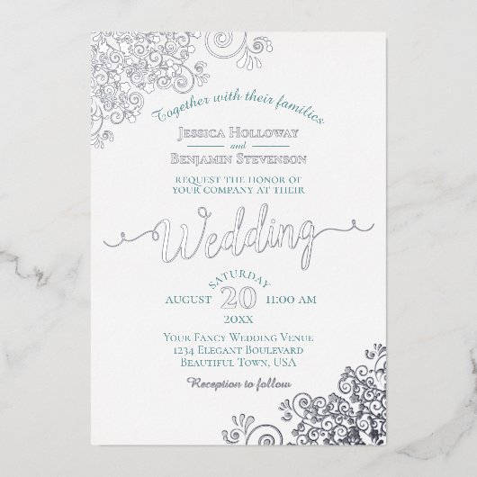 Elegant Silver Lace en Blauwgroen op White Wedding Folie Uitnodiging (Voorkant)