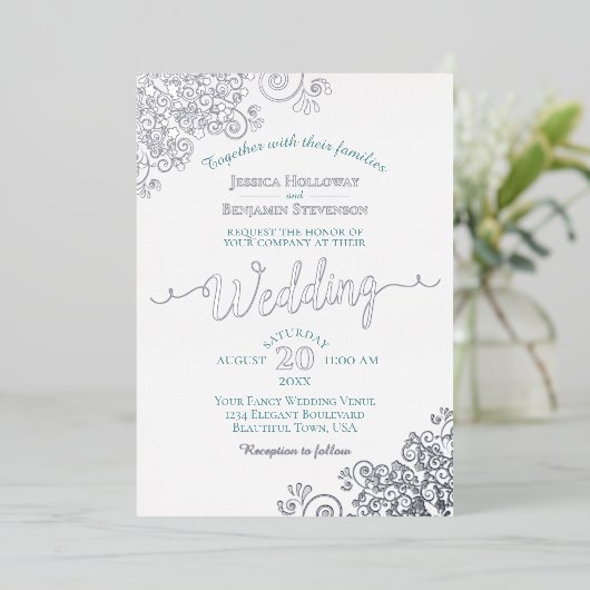 Elegant Silver Lace en Blauwgroen op White Wedding Folie Uitnodiging (Staand Voorkant)