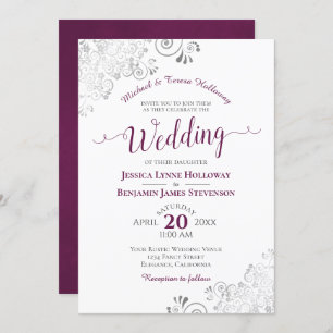 Elegant Silver Lace en Cassis Formal White Wedding Kaart