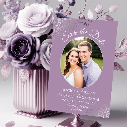 Elegant Silver Lace en Foto van Lavender Wedding Save The Date