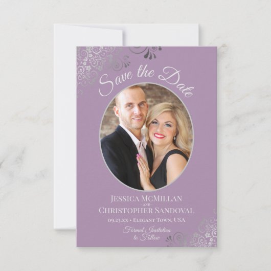 Elegant Silver Lace en Foto van Lavender Wedding Save The Date (Voorkant)