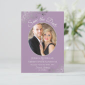 Elegant Silver Lace en Foto van Lavender Wedding Save The Date (Staand voorkant)