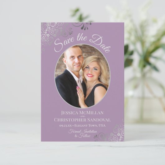 Elegant Silver Lace en Foto van Lavender Wedding Save The Date (Staand voorkant)