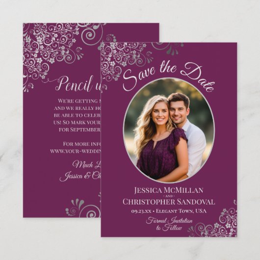 Elegant Silver Lace en foto's op Magenta Wedding Save The Date (Voorkant / Achterkant)