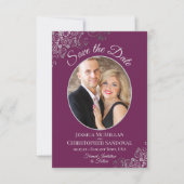 Elegant Silver Lace en foto's op Magenta Wedding Save The Date (Voorkant)