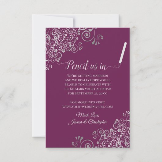 Elegant Silver Lace en foto's op Magenta Wedding Save The Date (Achterkant)