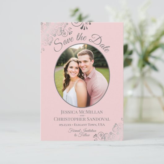 Elegant Silver Lace en foto's van Blush Pink Weddi Save The Date (Staand voorkant)