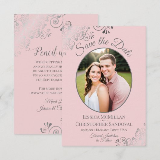 Elegant Silver Lace en foto's van Blush Pink Weddi Save The Date (Voorkant / Achterkant)