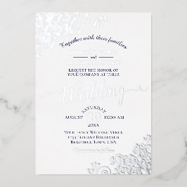 Elegant Silver Lace en Navy Blue op White Wedding Folie Uitnodiging