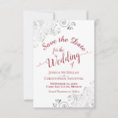 Elegant Silver Lace Filigree Red over het witte hu Save The Date (Voorkant)