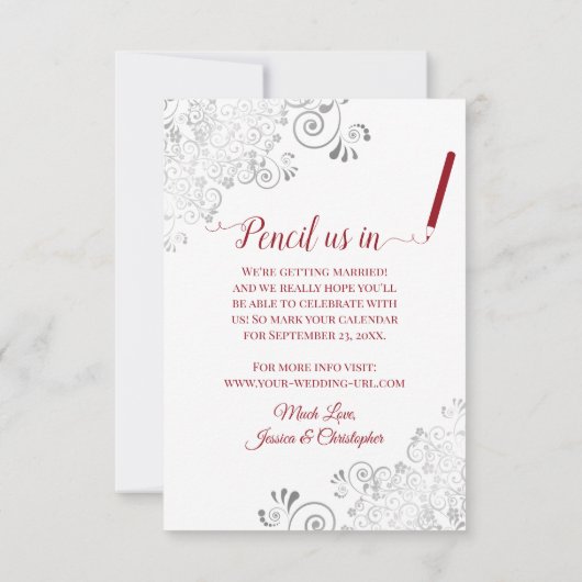 Elegant Silver Lace Filigree Red over het witte hu Save The Date (Achterkant)