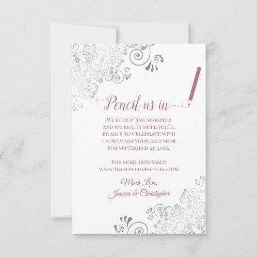 Elegant Silver Lace Foto Mauve on White Wedding Save The Date (Achterkant)