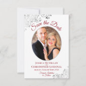 Elegant Silver Lace Foto Rood op White Wedding Save The Date (Voorkant)