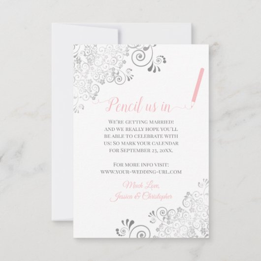 Elegant Silver Lace Foto Roze Gray White Wedding Save The Date (Achterkant)