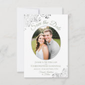 Elegant Silver Lace Foto Sage on White Wedding Save The Date (Voorkant)