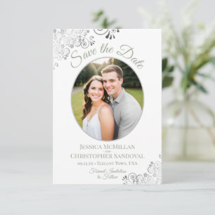Elegant Silver Lace Foto Sage on White Wedding Save The Date