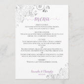 Elegant Silver Lace Lavender on White Wedding Menu (Voorkant)