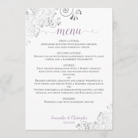 Elegant Silver Lace Lavender on White Wedding Menu (Voorkant)
