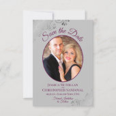 Elegant Silver Lace Magenta over Grijze fotobruilo Save The Date (Voorkant)